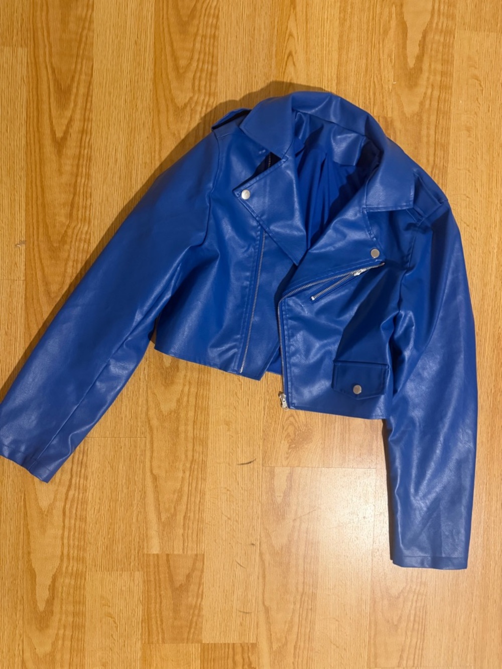Women’s Blue Faux Leather Cropped Moto Jacket
